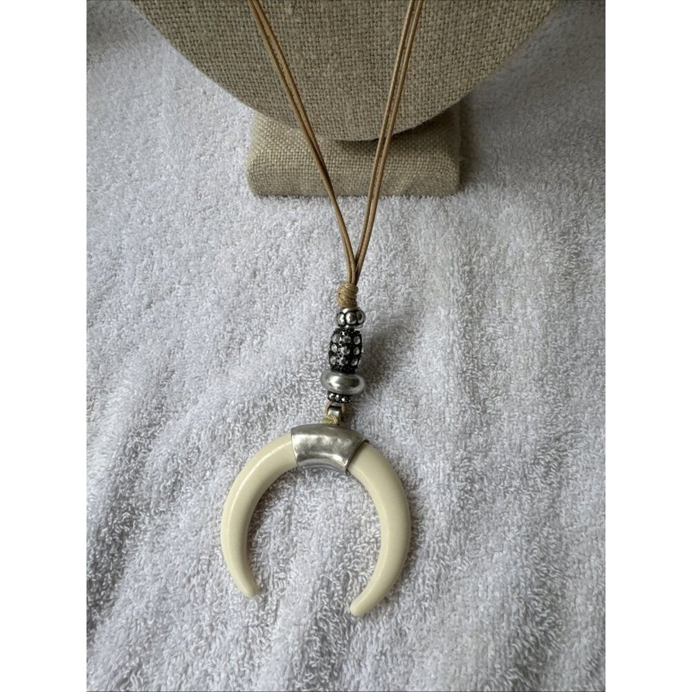Chicos Faux Ivory Crescent Pendant Silver Tone 21" Long Statement Necklace NEW - Picture 4 of 15